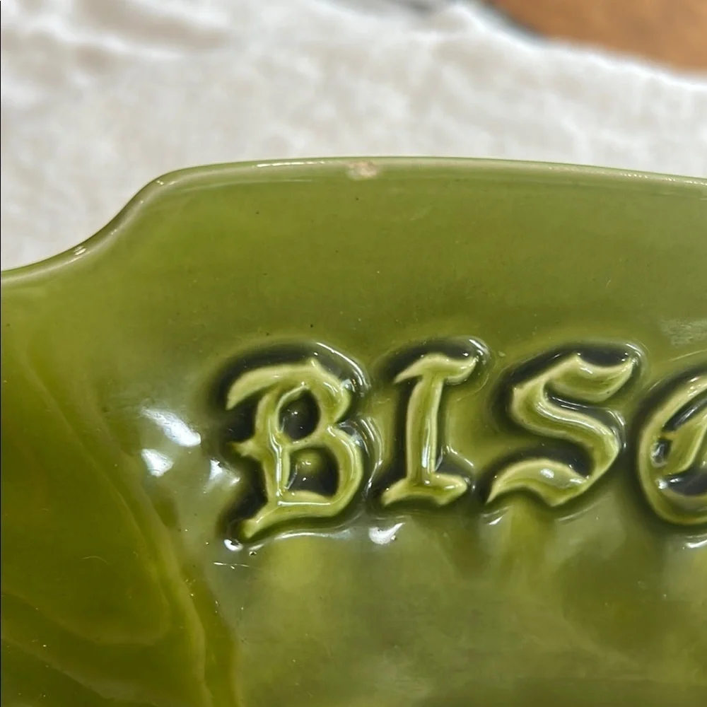 Vintage MCM Avocado Green Green Ceramic Bread and Biscuit Serving Dish 13.75”